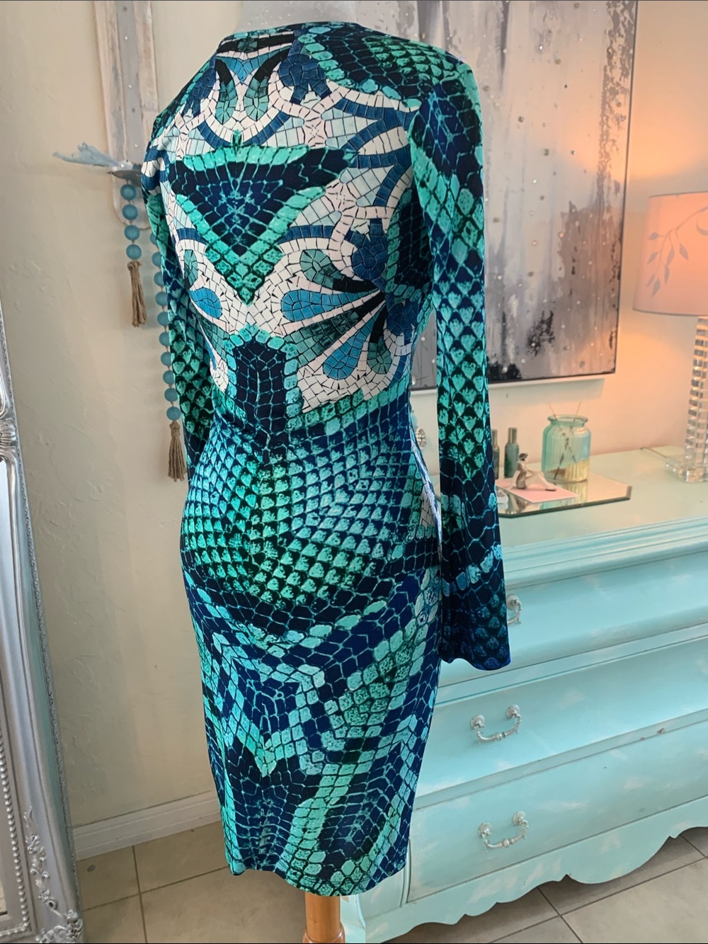 Just Cavalli turquoise and blue long sleeve low-cut girls not out dress. Size sm - Picture 8 of 8